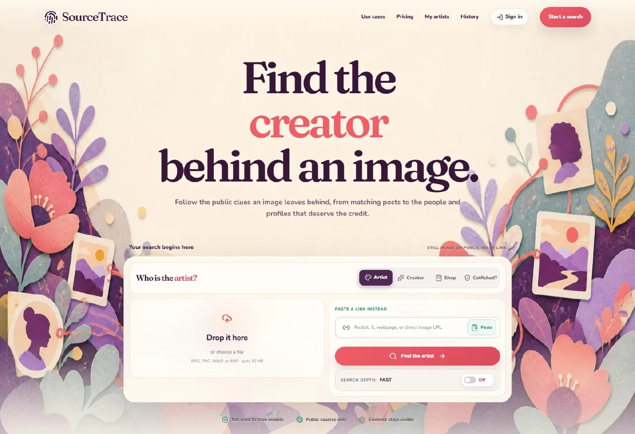 SourceTrace homepage, with the headline ‘Find the creator behind an image’